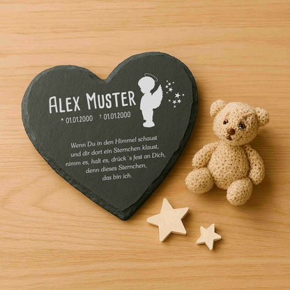 Gedenktafel für Sternenkinder personalisiert mit Namen aus Schiefer - Motiv „Engel Junge“