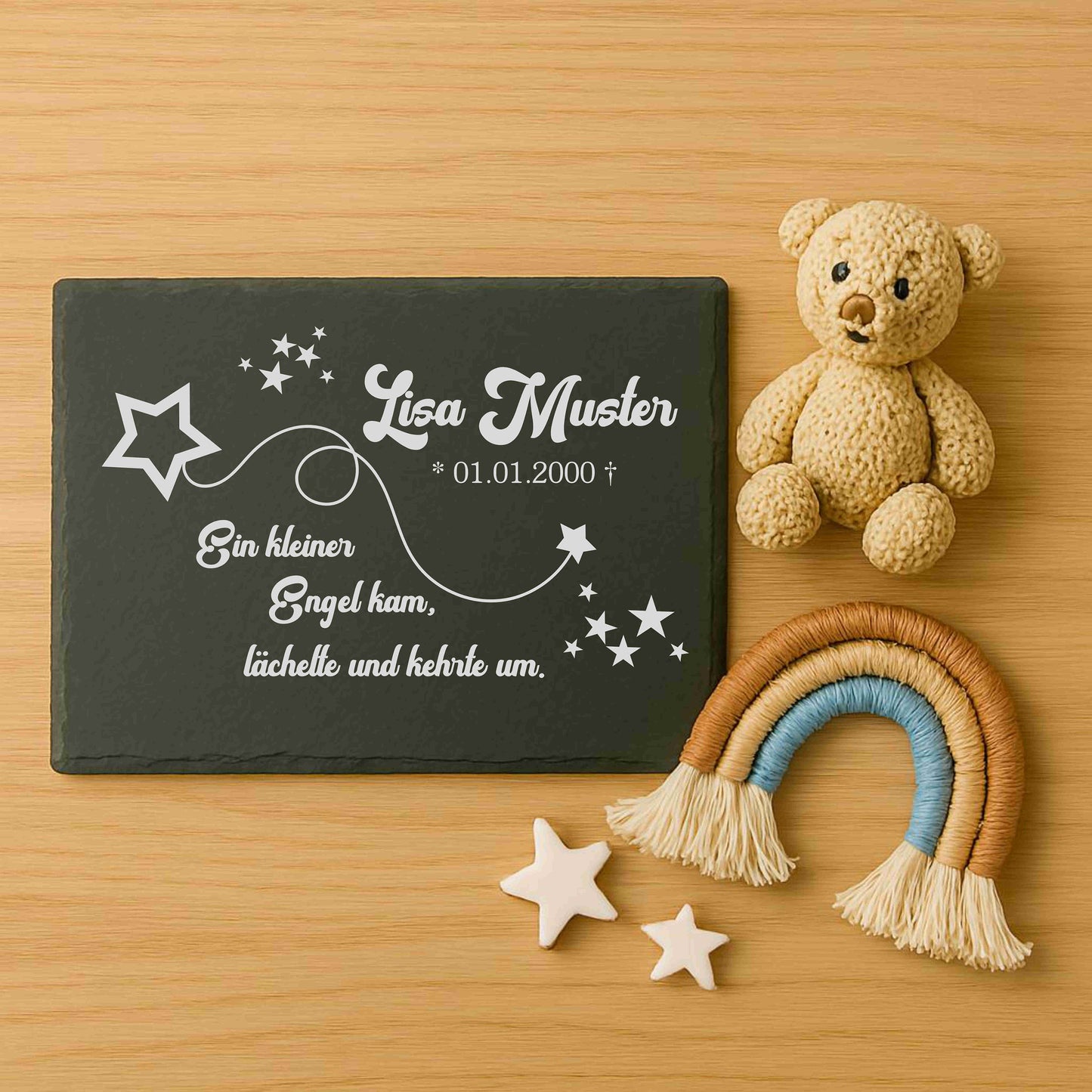 Gedenkstein für Sternenkinder personalisiert mit Namen aus Schiefer - Motiv „Sternschnuppe“