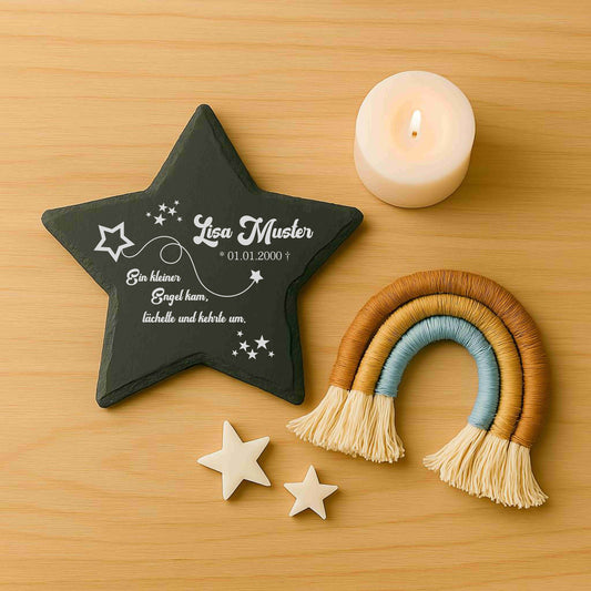 Grabschmuck für Sternenkinder personalisiert mit Namen aus Schiefer - Motiv „Sternschnuppe“