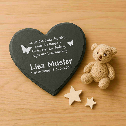 Gedenktafel für Sternenkinder personalisiert mit Namen aus Schiefer - Motiv „Schmetterling“