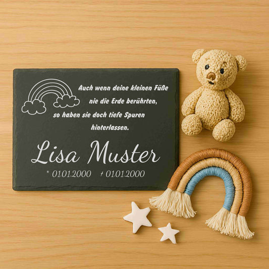 Gedenkstein für Sternenkinder personalisiert mit Namen aus Schiefer - Motiv „Regenbogen“