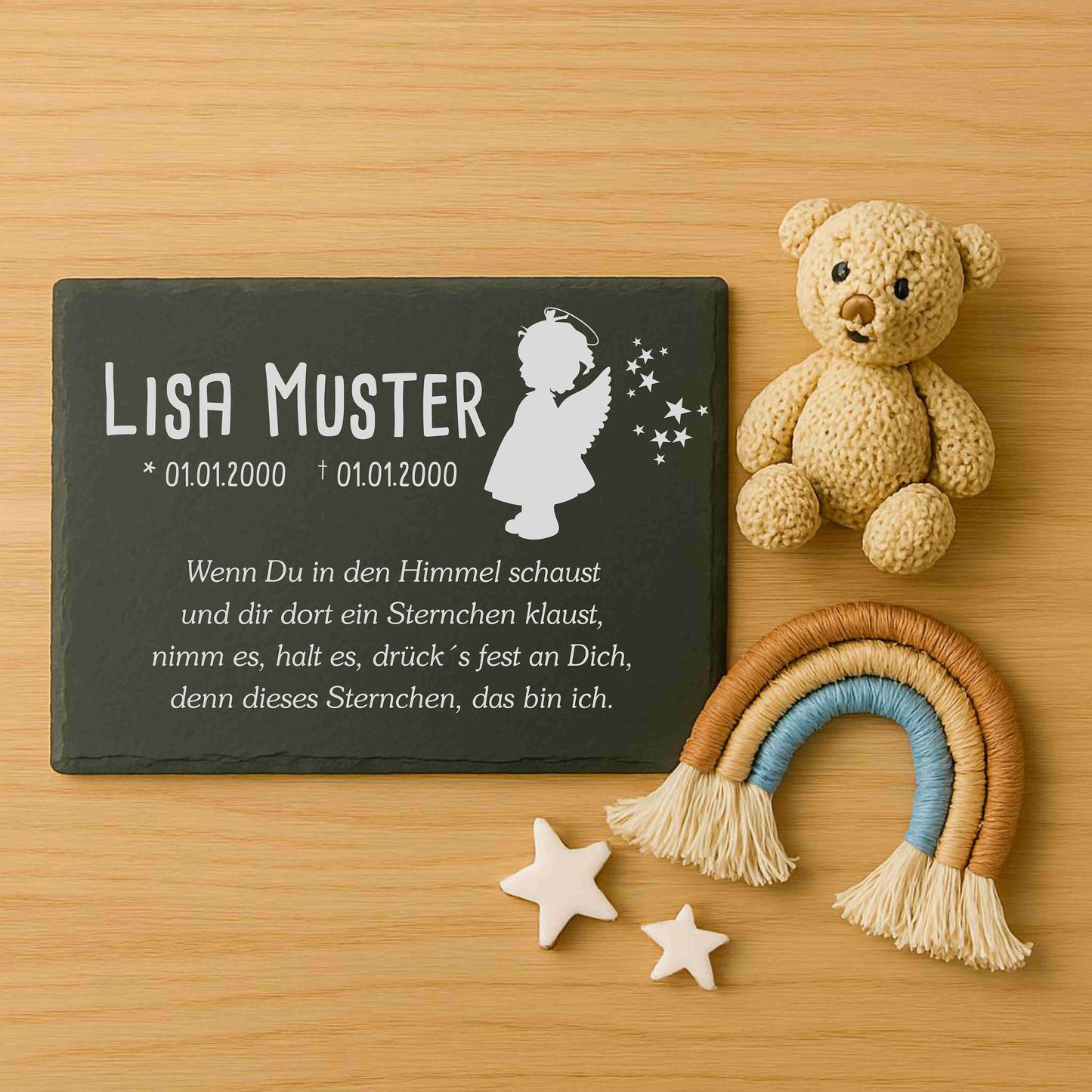 Gedenkstein für Sternenkinder personalisiert mit Namen aus Schiefer - Motiv „Engel Mädchen“