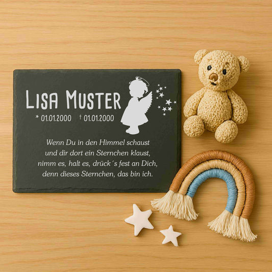 Gedenkstein für Sternenkinder personalisiert mit Namen aus Schiefer - Motiv „Engel Mädchen“