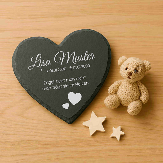 Gedenktafel für Sternenkinder personalisiert mit Namen aus Schiefer - Motiv „Herzen“