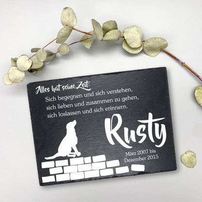 Gedenktafel personalisiert für Tiere aus Schiefer - Motiv "Alles hat seine Zeit – Hund"