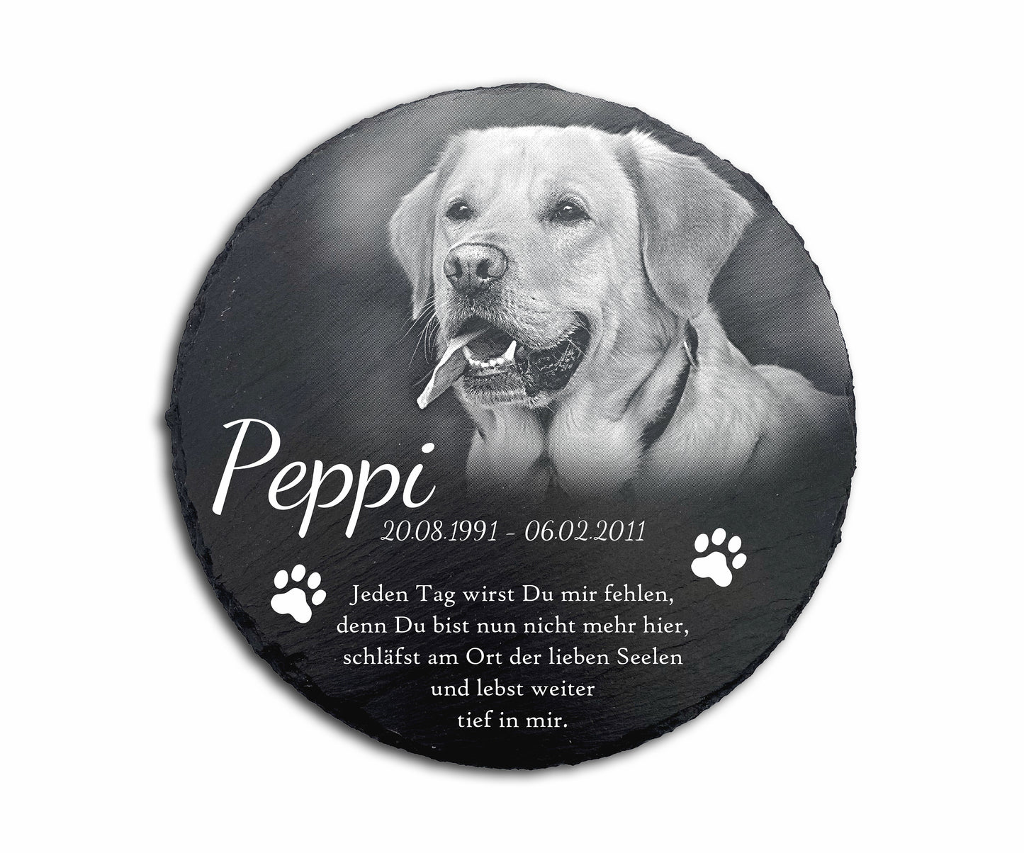 Tier Gedenktafel rund für Hund oder Katze personalisiert mit Foto-Gravur aus Schiefer