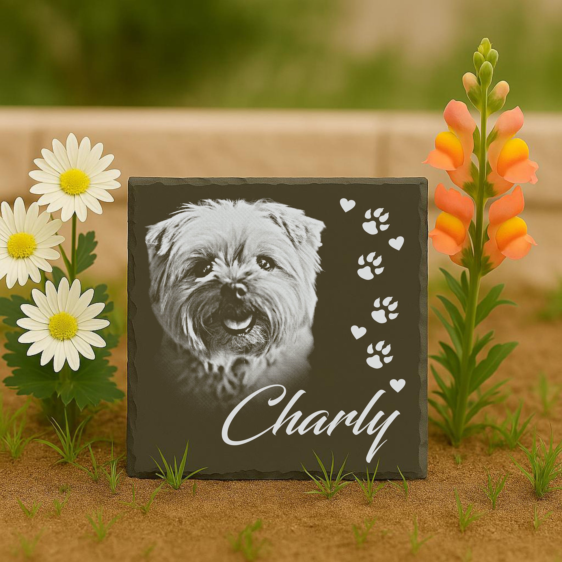 Rechteckiger Grabstein aus Schiefer mit dem Namen 'Charly', einem Hundebild und Pfotenabdrücken, umgeben von Blumen und Gras.