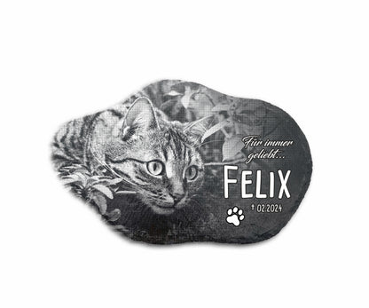 Tier Grabplatte für Hund oder Katze personalisiert aus Schiefer mit Foto-Gravur