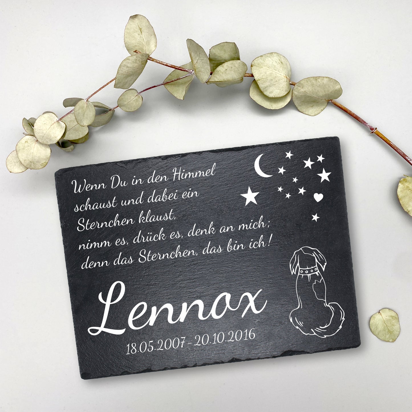 Gedenktafel personalisiert für Tiere aus Schiefer - Motiv "Hundehimmel"