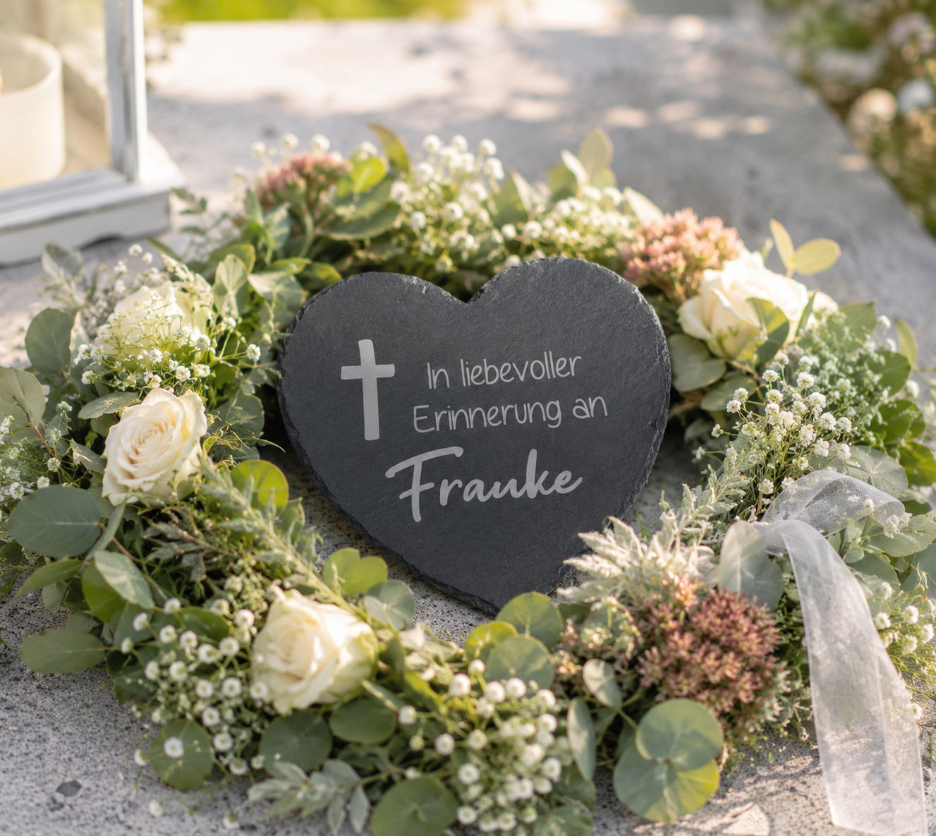 Kleine Schieferherzen mit Namen und Spruch personalisiert - „In liebevoller Erinnerung“