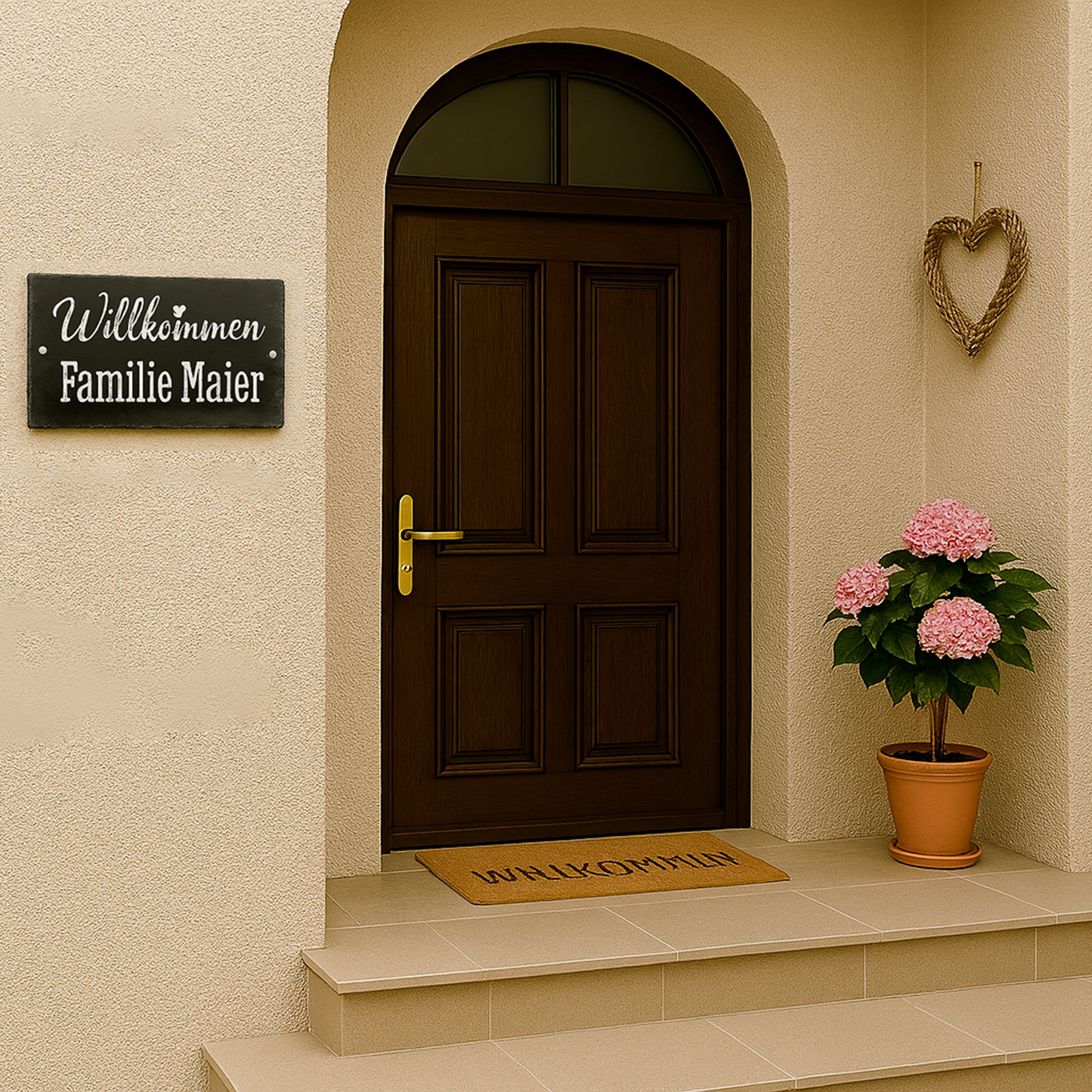Türschild personalisiert mit Namen aus Schiefer - Motiv "Herzlich Willkommen"