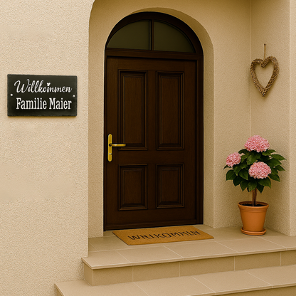 Türschild personalisiert mit Namen aus Schiefer - Motiv "Herzlich Willkommen"