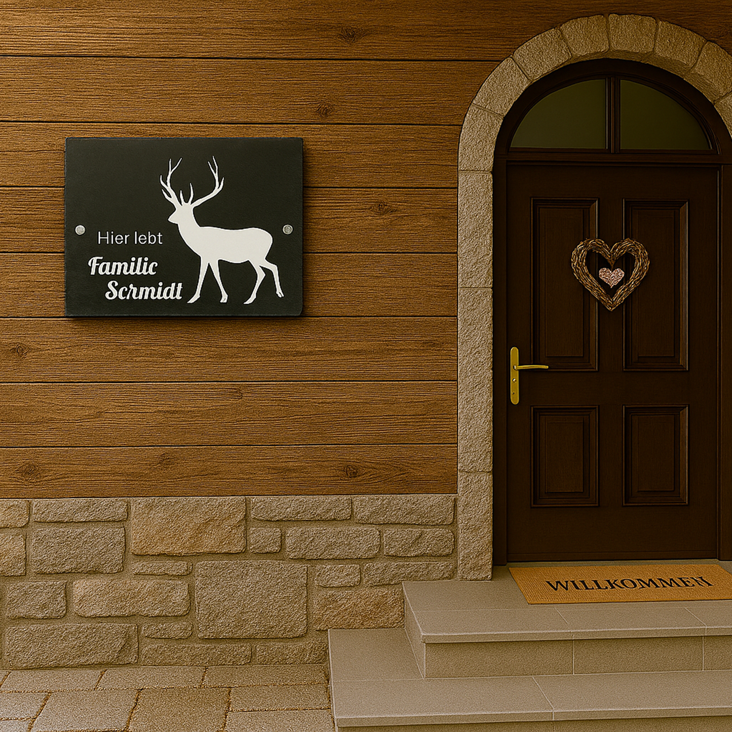 Türschild personalisiert mit Namen aus Schiefer - Motiv "Hirsch"