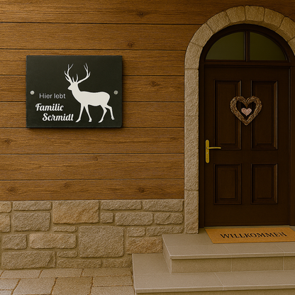Türschild personalisiert mit Namen aus Schiefer - Motiv "Hirsch"