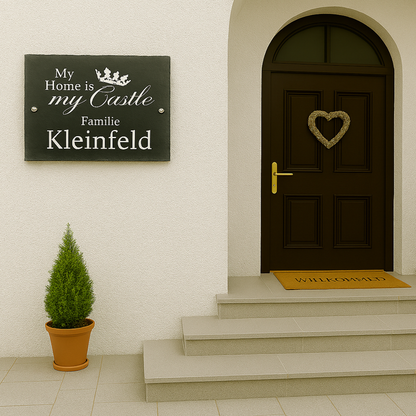 Türschild personalisiert mit Namen aus Schiefer - Motiv "Krone"
