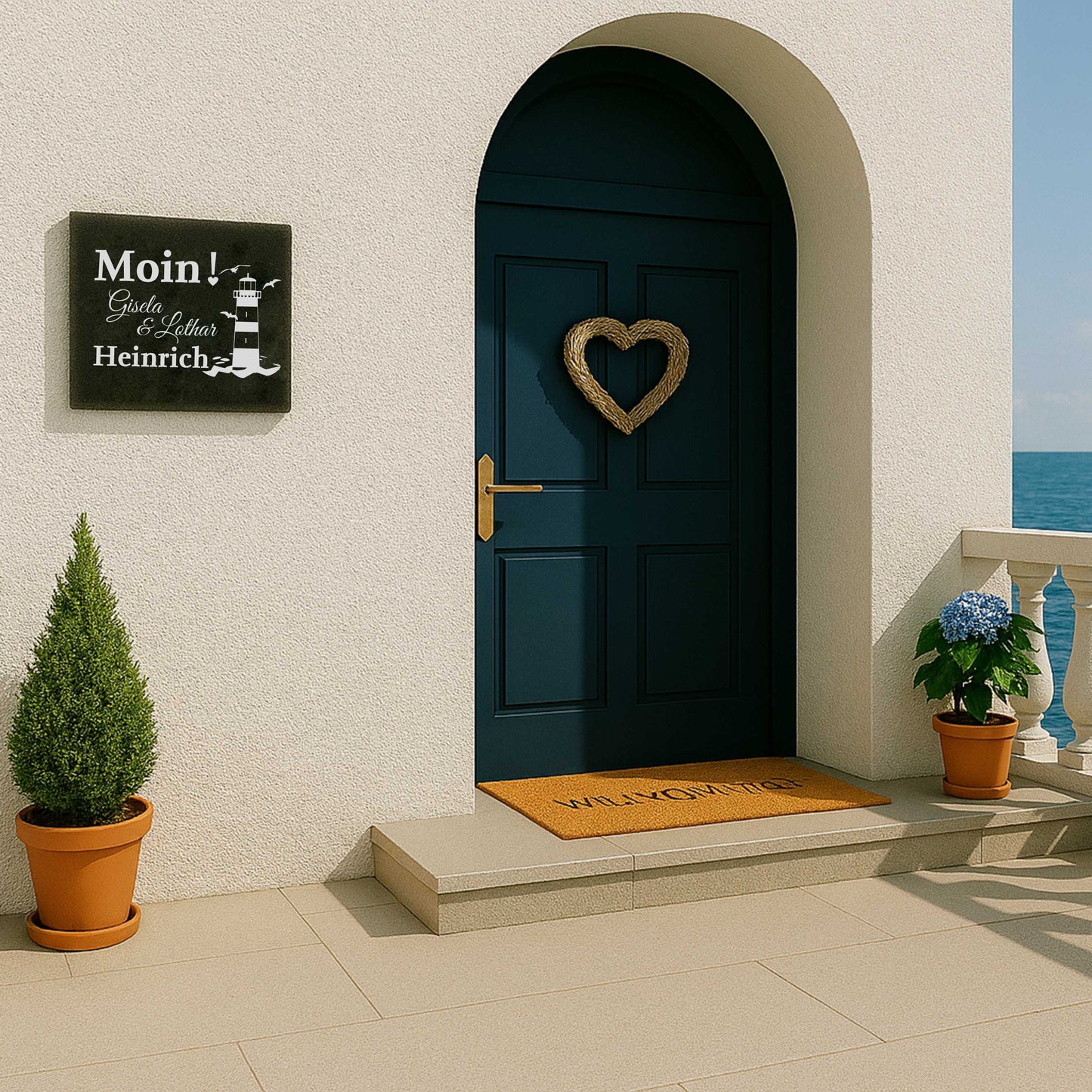 Türschild personalisiert mit Namen aus Schiefer - Motiv "Moin Leuchtturm"