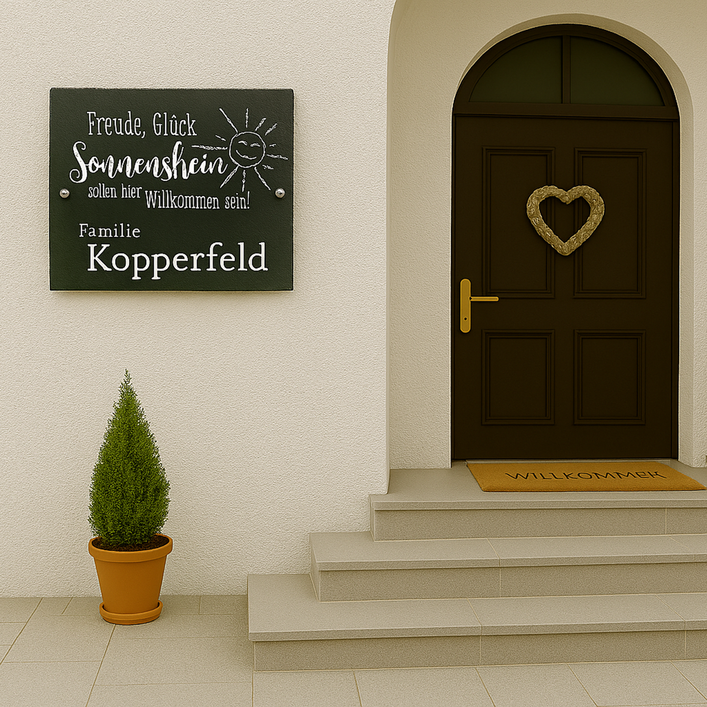 Türschild personalisiert mit Namen aus Schiefer - Motiv "Sonne"