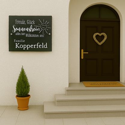 Türschild personalisiert mit Namen aus Schiefer - Motiv "Sonne"