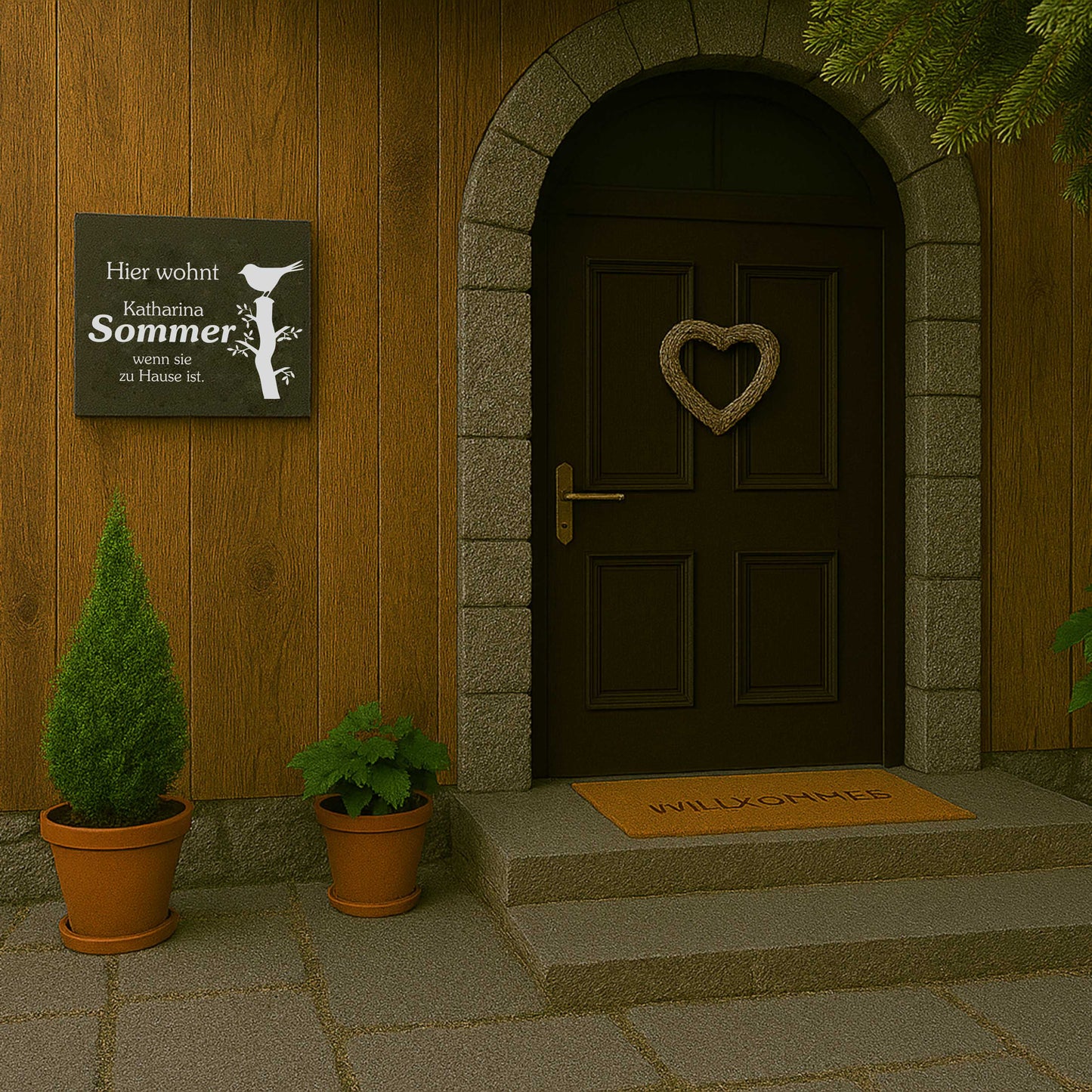 Türschild personalisiert mit Namen aus Schiefer - Motiv "Vogel"