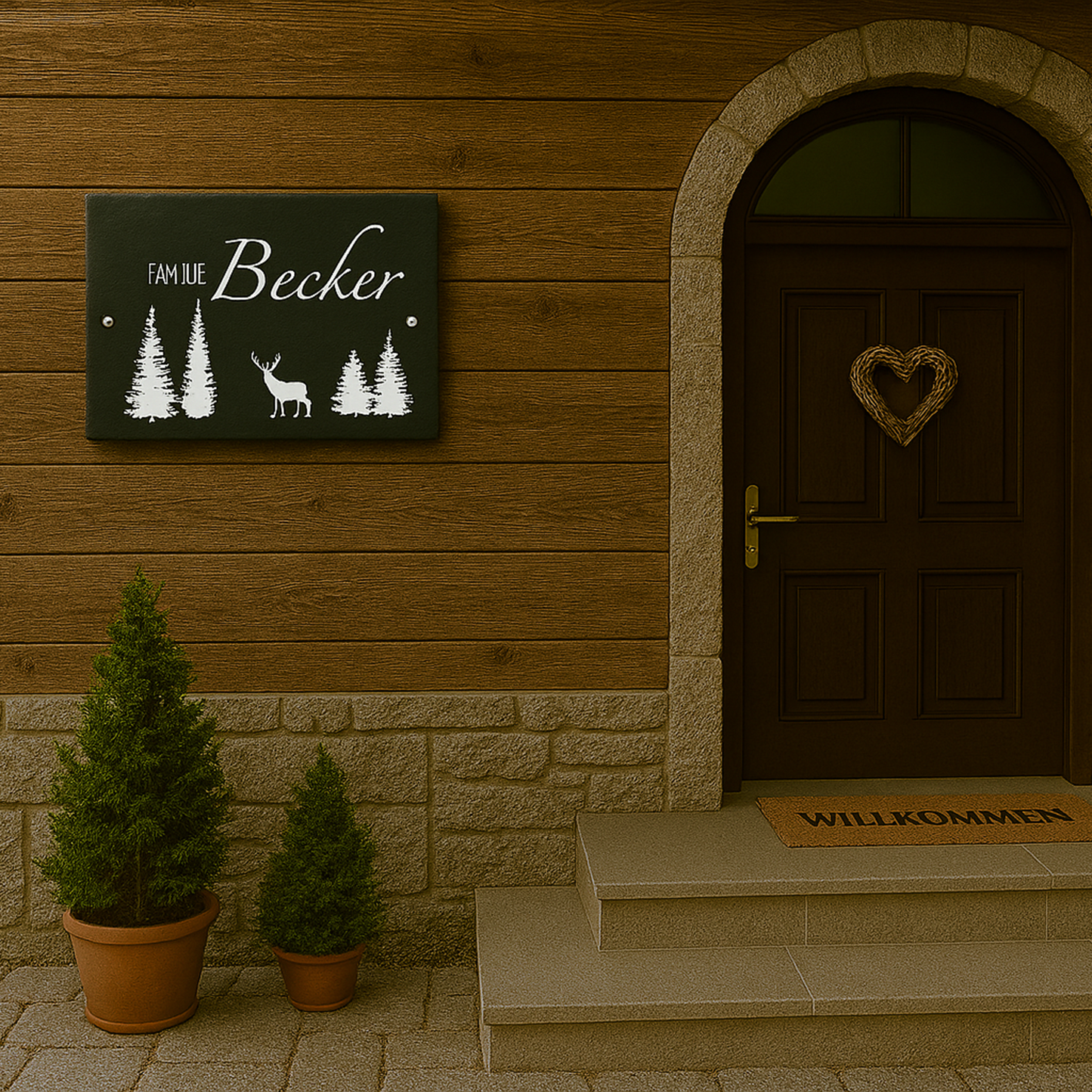 Türschild personalisiert mit Namen aus Schiefer - Motiv "Wald"