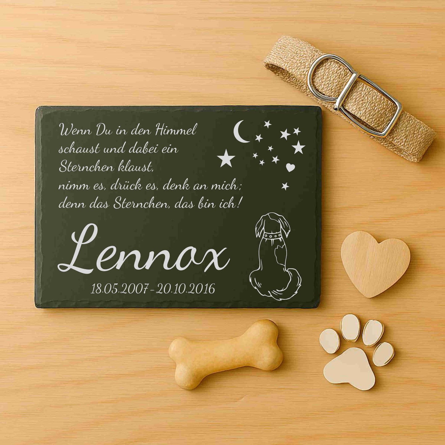 Gedenktafel personalisiert für Tiere aus Schiefer - Motiv "Hundehimmel"